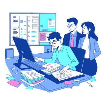 An office worker sits at a cluttered desk covered with stacks of papers, colorful sticky notes, and an assortment of pens scattered around. The worker is wearing a blue shirt and glasses, looking slightly overwhelmed as they sift through documents. A computer screen displays multiple open tabs, and a coffee cup teeters precariously on the edge of the desk. In the background, two colleagues exchange glances, with one raising an eyebrow, suggesting that they find the situation disorganized. A bulletin board filled with reminders is mounted on the wall behind the worker.