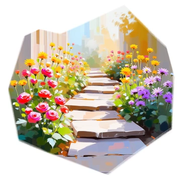 A winding garden path made of large, irregular concrete slabs creates an inviting trail through a vibrant garden. The path gently curves, bordered on either side by a variety of colorful flowers in full bloom. Bright red roses, yellow daisies, and purple asters flourish alongside the path, their petals catching the sunlight. Lush green foliage complements the flowers, adding depth and texture to the scene. The concrete slabs are weathered, giving them a rustic appearance, and the entire garden is bathed in warm, natural light, enhancing the vivid colors of the flowers.