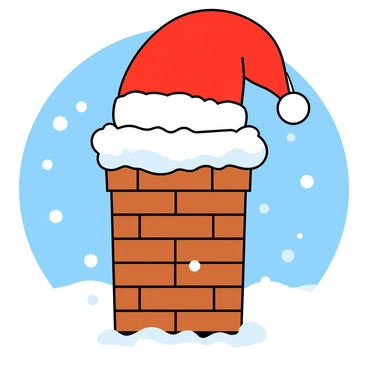 A classic brick chimney covered in a thick layer of white snow. Atop the chimney rests a fluffy red Santa hat, which features a white pom-pom at the tip and a soft white band at the base. Snowflakes delicately fall around the chimney, adding to the wintery atmosphere. The scene is brightened by a clear blue sky visible in the background, creating a cheerful holiday vibe.