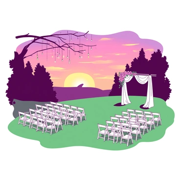 An enchanting outdoor wedding venue is set on a gently sloping green lawn. In the foreground, there are rows of white wooden chairs arranged neatly, facing a beautifully decorated arch adorned with flowers. The arch is draped with white fabric, creating an elegant frame. In the background, a stunning sunset casts warm hues across the sky, blending shades of orange and pink as the sun slowly descends. Silhouetted against the vibrant sky, the trees surrounding the venue add a natural touch, and fairy lights dangle from branches, creating a magical atmosphere as they begin to glow.