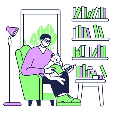 A man with short hair is sitting in an armchair in a study. He is wearing a sweater and glasses, absorbed in a book he is holding. In his lap, there is a fluffy cat being gently petted by his right hand. The study is filled with wooden bookshelves lined with various books, and a soft-lit desk lamp illuminates the space. A window behind him reveals a view of trees outside, while a small table beside the armchair holds a steaming cup of tea.
