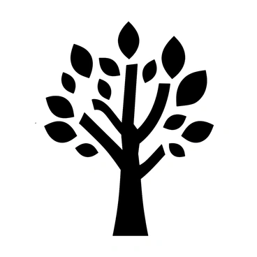 An icon depicting a small tree with a trunk and branches, surrounded by leaves arranged in a circular motion.