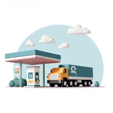 A large truck, painted in vibrant colors, is parked at a gas station, with its fuel nozzle inserted into the tank. The gas station has colorful signs displaying prices and promotions, prominently featuring the logo on the main sign. Surrounding the gas station, there are several well-maintained bushes and small trees. Above, the sky is clear and blue, with a few fluffy white clouds scattered throughout. The sunlight casts distinct shadows on the ground, highlighting the textures of the gas station and the truck.