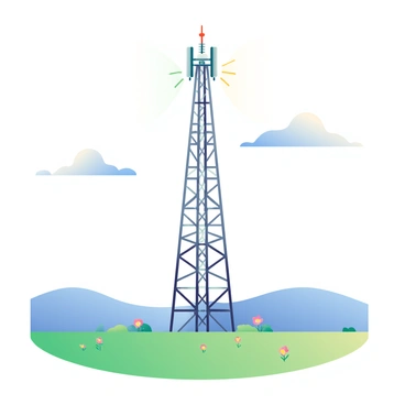 A tall telecommunication tower with a metallic structure stands prominently in the landscape. The tower is surrounded by a flat green field dotted with wildflowers. Bright signals are broadcasting outward in various colors, radiating from the top of the tower. In the background, there are rolling hills under a clear blue sky, creating a sense of depth in the scene. White clouds are scattered across the sky, adding to the atmosphere of the image.