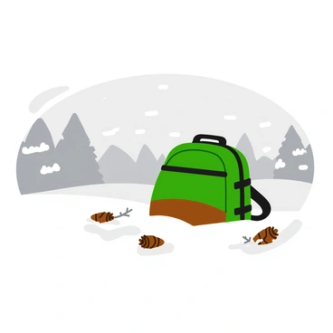 A snowy landscape with a blanket of fresh white snow covering the ground. In the foreground, a rucksack with a mix of colors, including green and brown, is partially buried in the snow. Snowflakes are gently falling from a pale gray sky. The background features snow-covered trees with branches weighed down by the snow, creating a tranquil atmosphere. A few pinecones and twigs are scattered around the rucksack, adding to the natural setting.