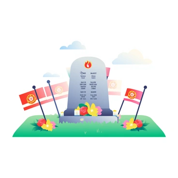 A memorial site dedicated to fallen firefighters is depicted with a stone monument at the center, engraved with names and a flame symbol. Surrounding the monument are colorful flowers, including red roses and yellow daisies, arranged in neat clusters. Multiple flags are positioned around the site, each fluttering gently in the breeze, with some displaying the emblem of the fire department. A few candles are placed at the base of the monument, adding a touch of warmth to the scene. Lush green grass covers the ground, enhancing the reverent atmosphere of the site.