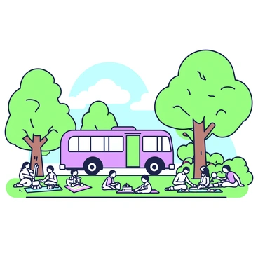 A bus is parked along a pathway in a scenic park. The bus is a large vehicle with rounded edges and windows reflecting the greenery around it. Surrounding the bus, there are a variety of tall trees with thick trunks and a lush canopy of leaves. Groups of people are scattered throughout the park, enjoying picnics on colorful blankets spread on the grass. Some families are seen playing games, while others are sitting and sharing food. In the background, a clear blue sky peeks through the branches, and the atmosphere is lively with cheerful interactions.
