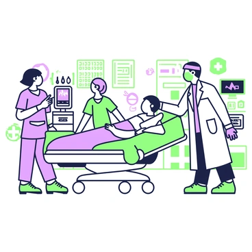 A nurse wearing scrubs and a surgical mask is assisting in a busy emergency room. She is standing next to a patient lying on a gurney, monitoring vital signs on a small monitor nearby. The nurse is holding a syringe in her right hand while her left hand is pointing at the monitor, discussing the patient's condition with a doctor who is wearing a white coat. In the background, there are several other medical staff attending to patients and a collection of medical equipment such as IV stands and machines, all contributing to the busy atmosphere. The walls are adorned with colorful posters related to health and safety.