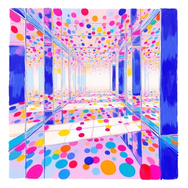 A mirrored room features walls, ceiling, and floor entirely covered with reflective surfaces. The space is filled with countless colorful dots of various sizes, creating a vibrant display. Each dot is a different hue, including shades of red, blue, green, yellow, and purple. The reflections of the dots multiply endlessly across the surfaces, creating an illusion of an infinite expanse. The arrangement of the dots forms a chaotic yet harmonious pattern throughout the room.