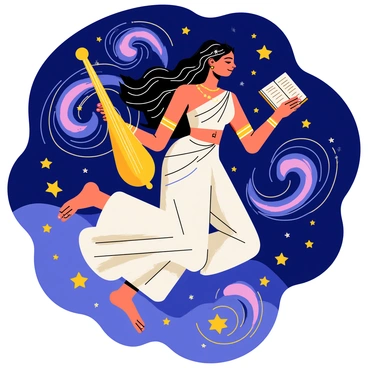 A woman representing "Saraswati" is depicted floating gracefully among the stars. She has a serene expression, with long flowing hair adorned with stars. Her attire is an elegant flowing garment that appears to shimmer like the night sky. "Galaxies" are swirling around her, depicted with vibrant colors and spiral shapes. Small twinkling stars are scattered throughout the background, enhancing the celestial scene. "Saraswati" holds a "veena" in one hand and a book in the other, symbolizing knowledge and music.