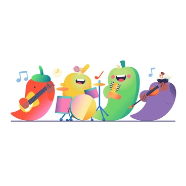 A group of four anthropomorphic chili peppers is gathered together, each playing a different musical instrument. The first chili pepper on the left, with a bright red color and a green stem hat, is energetically playing a guitar. Next to it, a vibrant green chili pepper is striking the drums, with a wide grin and a pair of drumsticks in its hands. In the center, a yellow chili pepper is holding a trumpet and blowing into it, while wearing a small, colorful bowtie. To the right, a purple chili pepper is elegantly playing a violin, with a focused expression. The scene is lively and full of energy, with musical notes floating around them, showcasing the fun atmosphere of their performance.