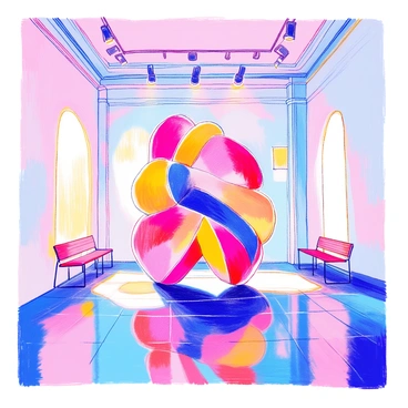A large abstract sculpture made of interconnected geometric shapes stands prominently in the center of a gallery. The sculpture features smooth curves and sharp angles, creating a dynamic interplay of light and shadow. The gallery walls are painted in a soft white, highlighting the details of the sculpture. Several spotlights above illuminate the piece, casting intriguing reflections on the polished floor. To the side, there are minimalist benches for visitors to sit and admire the artwork.