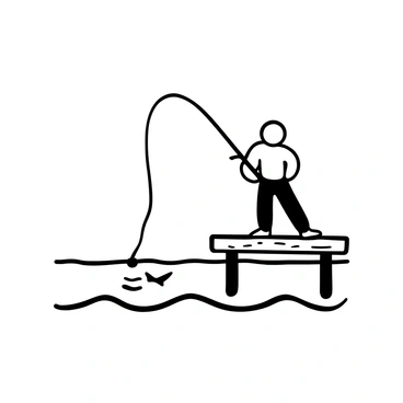 A matchstick figure standing on a wooden dock, holding a matchstick fishing pole extended over the edge. The matchstick figure is balanced on one leg, with the other leg bent, poised as if waiting for a fish to bite. The dock is represented with simple lines to indicate wooden planks. Water ripples are visible below the dock, suggesting movement. A small silhouette of a fish can be seen just below the surface of the water.