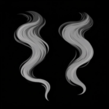 Wisps of gray smoke swirling in the air, gradually forming the shapes of two witches' faces. Each face has distinct features, with pointed noses and sharp, exaggerated chins. The smoke twists and curls, creating flowing hair that frames the witches' faces. The background is dark, highlighting the ethereal quality of the smoke as it takes on a ghostly form.