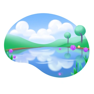 A tranquil lake with a perfectly smooth mirror-like surface reflects fluffy white clouds in a bright blue sky. The scene features gentle ripples along the edges, while vibrant greenery borders the lake, with a few wildflowers adding color to the composition. Subtle shadows from nearby trees are cast onto the water, enhancing the serene atmosphere.