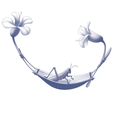 A grasshopper is resting on a hammock made of woven fibers, suspended between two tall flowers with broad petals. The hammock is slightly sagging under the weight of the grasshopper, which is positioned comfortably with its legs sprawled out. The flowers on either side are vibrant and have intricate details, with their stems bending gently towards the center. The scene conveys a peaceful afternoon atmosphere, with the grasshopper appearing relaxed, possibly with its eyes half-closed, soaking in the warmth of the day.