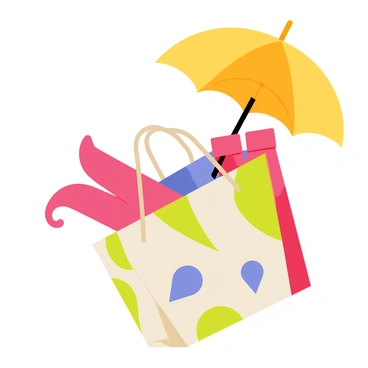 A colorful shopping bag with a large, open top. Emerging from the bag is a bright yellow umbrella with a curved handle. Next to the umbrella, a pair of shiny red rubber boots are visible, partially inserted into the bag. The shopping bag has a playful design, featuring cheerful patterns and colors. The scene is lively, conveying a sense of fun and readiness for a rainy day.