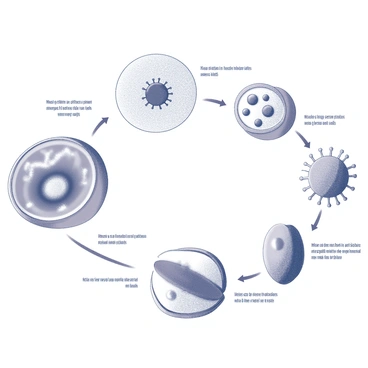 An illustration showing the lifecycle of the herpes virus. The first panel depicts a close-up view of the virus entering a human cell, with a detailed representation of the virus structure and the cellular membrane. The next panel illustrates the replication process, showcasing new virus particles being assembled inside the cell. Following this, a panel displays the release of the new virus particles from the cell, with some particles infecting neighboring cells. The subsequent panel represents the virus entering a dormant state, highlighting the viral genetic material integrating into the host cell's DNA within a nucleus. Finally, a last panel shows the virus reactivating, with an indication of the factors that may trigger this process, like stress or illness. Each panel is clearly labeled with descriptions of the stages in the lifecycle.