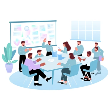 A spacious office environment filled with desks and computers. A diverse group of men and women are engaged in discussions and collaborative work around a large conference table. Some individuals are seated, reviewing documents, while others stand and share ideas. A whiteboard filled with colorful notes and diagrams is in the background, reflecting teamwork. Sunlight streams through large windows, illuminating the workspace. A potted plant is placed in the corner, adding a touch of greenery to the setting.