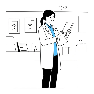 A doctor standing in a clinic, holding a tablet in one hand while standing at a counter. The doctor is wearing a white lab coat over a light blue shirt and dark pants. Their stethoscope is draped around their neck. The clinic has medical posters on the walls and a waiting area visible in the background with chairs and a small table. The doctor is focused on the tablet screen, tapping on it with their finger, with a few patient files and a pen placed neatly on the counter beside them.