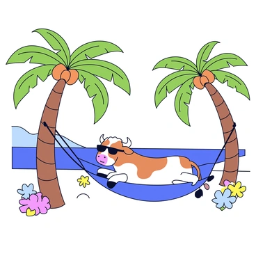 A cow lying comfortably in a hammock made of natural fibers. The hammock is suspended between two tall palm trees with lush green fronds swaying gently overhead. The cow has a light brown coat with white patches and is wearing a pair of sunglasses. Below the hammock, soft white sand covers the ground, and there are a few colorful tropical flowers scattered around. In the background, a clear blue sky and the gentle curves of distant hills can be seen, completing the island paradise scene.