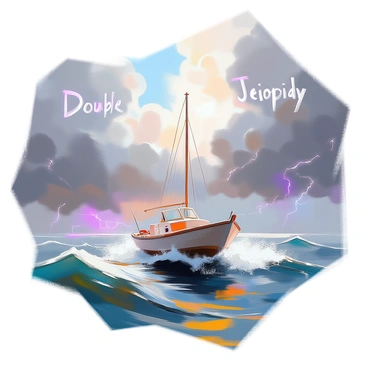 A small boat is precariously positioned between two converging storms in a turbulent sea. The boat, made of weathered wood, is battling the choppy waves as dark clouds swirl menacingly above. To the left, a storm cloud looms, labeled with the word "Double" in ominous letters. To the right, another storm cloud, equally fierce, bears the label "Jeopardy." The tumultuous skies are filled with flashes of lightning, adding to the tension of the scene. The water around the boat splashes dramatically, reflecting the chaotic atmosphere.
