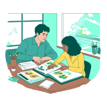 A teal student and a yellow professor are sitting at a wooden table covered with various art supplies, including brushes, paints, and sketchbooks. The professor is pointing at an open portfolio filled with vibrant illustrations, while the student leans in closely, taking notes on a notepad. The room is bright and filled with natural light coming from a nearby window, creating an inviting atmosphere for their discussion.