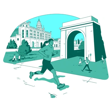 A teal runner in athletic gear is captured mid-stride as they pass by an iconic historic landmark, a grand stone archway. The runner's face shows a look of determination and joy. In the background, an elaborate ancient building with intricate architectural details is visible, highlighting the city's rich history. To the side, there is a small park with vibrant greenery where a few people are enjoying the scenery. The sky above is a clear blue, enhancing the overall atmosphere of exploration and activity.