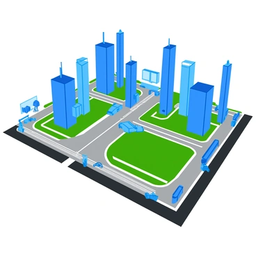 A detailed architectural blueprint showing the layout of a futuristic city. The blueprint features a grid plan with multiple tall skyscrapers represented in varying shades of blue. Each building is designed with sleek lines and geometric shapes, showcasing unique architectural features. Roads are illustrated as wide thoroughfares intersecting at angles, with designated green spaces and parks marked in bright green. Transportation systems, like elevated trains and bike lanes, are included in the design. The overall layout emphasizes an organized and innovative urban environment.