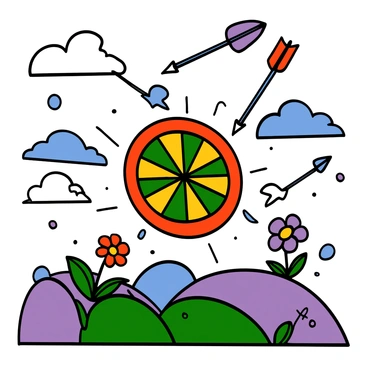 A surreal dreamscape featuring a large, vibrant dartboard floating in the air. The dartboard is colorful, with vivid red, green, and yellow sections. Surrounding the dartboard are several sleek, cartoonish darts flying through the air, each dart rendered in bright colors like blue, orange, and purple. The background consists of a whimsical sky filled with fluffy, oversized clouds and a gradient of shades from light blue to deep purple. The ground is a rolling terrain with oversized flowers and fantastical plants adding to the dreamlike atmosphere.