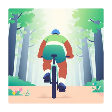 A cyclist with medium skin is riding a mountain bike along a forest trail. The cyclist is wearing a bright blue helmet and a green cycling jersey. Tall trees with green foliage line both sides of the path, creating a natural archway. Sunlight filters through the leaves, casting dappled light on the ground. The trail is covered with soft brown dirt, and there are small patches of colorful wildflowers growing beside it. The cyclist's wheels are kicking up a light cloud of dust as they glide forward.