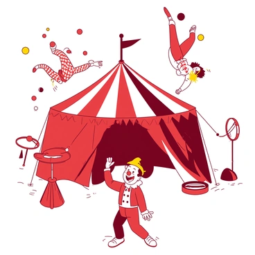 A duotone illustration features a large striped big top tent in red and white at the center of the image. Inside the tent, several acrobats perform daring flips and twists in mid-air, their colorful costumes contrasting with the tent's stripes. Nearby, a cheerful clown with a bright red nose and oversized shoes juggles colorful balls while smiling at the audience. In the background, a variety of circus props like hoops and a unicycle can be seen scattered around, adding to the lively atmosphere of the scene.