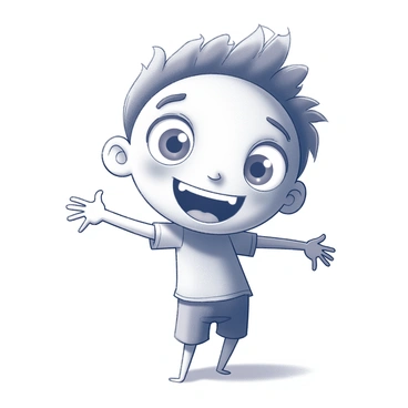 A character with an oversized head and a tiny body is depicted in a playful, silly pose. The character stands with arms outstretched and legs slightly apart, giving an impression of exaggerated movement. The facial features are pronounced, with large eyes and a wide smile that convey humor. The character's oversized head is adorned with a messy tuft of hair. The pose suggests a sense of spontaneity and joy, drawing attention to the exaggerated proportions that create a whimsical atmosphere.