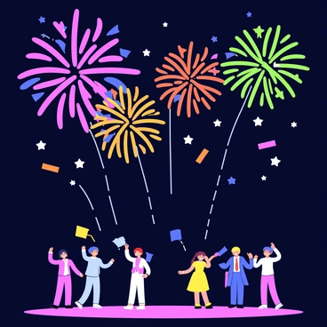 Colorful fireworks exploding in the night sky, displaying vibrant shades of pink, blue, green, and orange. Each burst of fireworks creates a beautiful pattern against the dark background. Below the fireworks, there are silhouettes of people celebrating, with some throwing colored powders that represent Holi. The scene is lively and festive, capturing the joy of celebration.