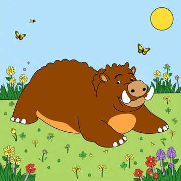 A large, friendly-looking Gruffalo with a brown, scaly body and prominent tusks is lying comfortably in a vibrant spring meadow. The meadow is filled with an array of colorful wildflowers in hues of yellow, purple, and red. The Gruffalo's orange belly contrasts with the greenery around, and its small, tufted ears perk up, giving it a playful appearance. Around the Gruffalo, butterflies flutter gracefully, and a few bees buzz from flower to flower. The sun shines brightly in a clear blue sky, illuminating the cheerful scene.