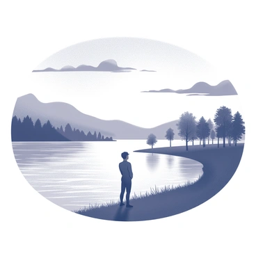 A silhouette of a person standing by a calm lake. This figure is facing towards the horizon, their posture suggesting contemplation. The background features the gently rippling surface of the water, reflecting the outlined shapes of distant trees along the shore. Above, the sky is filled with a gradient of shapes, indicating the transition from day to night as the sun sets. Wispy clouds stretch across the sky, framing the scene dramatically.