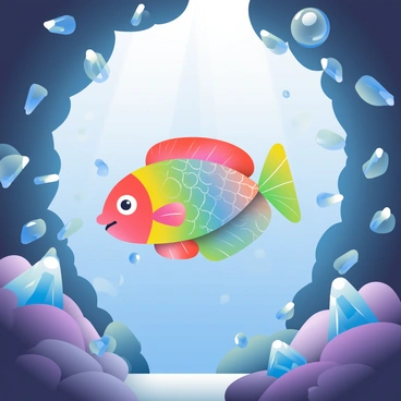 A vibrant rainbow fish with scales displaying a spectrum of colors is swimming gracefully through a cavern. The cavern walls are lined with numerous shimmering crystals in shades of blue, purple, and clear white, reflecting light in various directions. The underwater scene is illuminated by the glow of the crystals, creating a magical atmosphere. Tiny bubbles rise around the fish as it explores the natural beauty of the geological formations. In the background, dark rocks contrast with the bright colors of the fish and crystals.