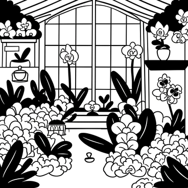 A lush conservatory filled with an abundant collection of orchids in intricate shapes and sizes. Various species of orchids are arranged on wooden shelves and hanging baskets. The orchids exhibit a range of patterns and textures, with some having long, delicate petals while others are compact and robust. Clusters of leaves surround the orchids, creating a rich, green backdrop. Soft light filters through large glass windows, illuminating the intricate details of the flowers and casting gentle shadows on the floor. A small fountain is visible in one corner, adding to the tranquil atmosphere of the space.