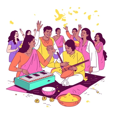 A group of musicians is playing traditional instruments at a vibrant haldi celebration. There are two musicians, one playing a teal harmonium and the other with an orange dhol. They are seated on a colorful mat with marigold flowers scattered around them. The atmosphere is filled with joy, as guests in the background are participating in the festivities, some smiling and throwing yellow turmeric powder in the air. The musicians are dressed in traditional attire, with intricate patterns, and their expressions show enthusiasm for the lively event. The scene captures the essence of the celebration with bright colors and joyful interactions.