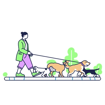A dog walker is leading a pack of dogs along a paved path. The dog walker has a focused expression, looking straight ahead. The dogs vary in size and breed, with some small terriers and larger breeds like a golden retriever. Each dog is on a leash, and they are energetically walking in a line behind the dog walker. The leash is taut, indicating the dogs are eager to move forward. The scene captures the dynamic of the group, with the pack appearing lively and engaged in their environment.
