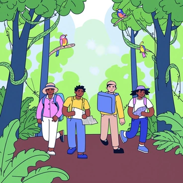A group of four explorers is trekking through a dense rainforest filled with tall, green trees and large leaves. The explorers are wearing light, breathable clothing suitable for a jungle environment. One explorer is carrying a large backpack, while another is holding a map. Brightly colored birds can be seen perched on branches above, and vines are hanging down from the trees. The ground is covered in rich, dark soil with patches of vibrant green ferns. Sunlight filters through the canopy, creating dappled light patterns on the forest floor.