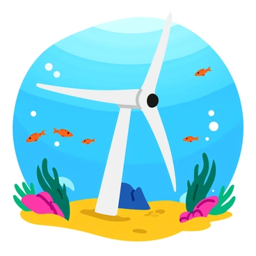 An underwater scene featuring a tidal energy turbine designed to harness ocean currents. The turbine is made of sleek and durable materials, with large, curved blades spinning gracefully in the water. Surrounding the turbine is a vibrant underwater environment, with schools of colorful fish swimming nearby. Sunlight filters down from the surface, creating shimmering patterns on the sandy ocean floor. Coral formations and seaweed sway gently in the currents, adding to the dynamic atmosphere of the scene. Bubbles rise around the turbine, emphasizing the movement of the water.