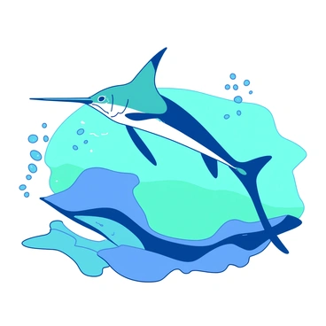 A vibrant blue marlin is swimming gracefully through the ocean. The marlin's long, slender body is highlighted with splashes of teal and dark blue. Its fins are extended elegantly, and the tail is poised in a dynamic position. Bubbles and gentle waves surround the marlin, adding a sense of movement to the scene. In the background, there are soft gradients of teal and blue creating a deep ocean feel. The overall composition captures the beauty and fluidity of the marlin in its natural habitat.