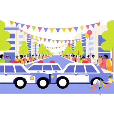 A line of police cars with flashing blue and red lights positioned along a city street. The police cars are shiny and new, each one displaying a bold "Police" insignia on the side. A crowd of people is gathered along the sides of the street, smiling and waving, while colorful banners reading "Community Safety Celebration" are hung overhead. Balloons in various colors float in the air, and children are seen holding small flags. The background features buildings with festive decorations and trees lining the street.