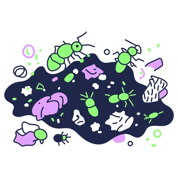 A close-up view of insects on polluted soil. The ground is uneven, with dark, clumped dirt scattered with small pieces of trash such as plastic wrappers and metal scraps. A few insects, including ants and beetles, are visible as they navigate the harsh environment. The insects are actively moving, some climbing over small bits of debris while others are digging into the soil. The surrounding trash includes crumpled papers and broken glass, contrasting with the natural elements. The scene emphasizes the struggle of the insects as they adapt to the polluted landscape.