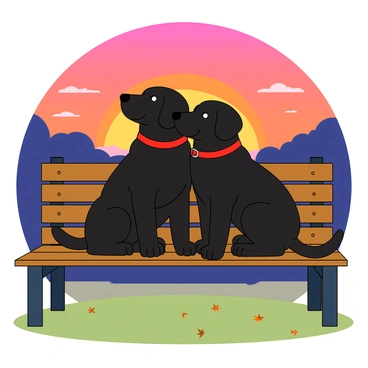 Two black Labradors sitting side by side on a wooden park bench. The first Labrador has a shiny coat and is looking up with bright eyes, while the second Labrador, with a slightly wavy fur, is resting its head on its companion's shoulder. The bench is positioned with a view of a vibrant sunset, featuring hues of orange, pink, and purple filling the sky. In the background, there are silhouettes of trees and a few fluffy clouds. The dogs are wearing matching red collars, and there are a few scattered leaves on the ground around the bench.