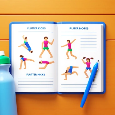 A flat lay of an open fitness journal on a wooden surface. The journal is filled with colorful illustrations of "flutter kicks" demonstrating the exercise. There are neatly written "workout notes" in various sections of the pages. A pen lies beside the journal, and a water bottle is partially visible in the corner of the image. The layout is harmonious, showcasing the balance between the illustrations and the notes. The color palette consists of vibrant hues to highlight the activity theme.