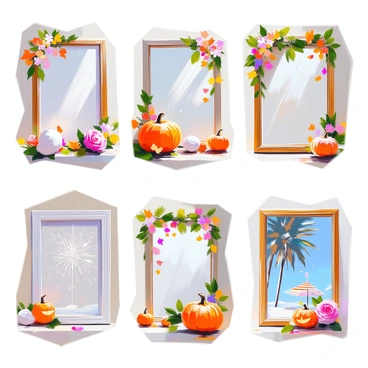 A collection of six themed frames, each intricately designed to represent a different holiday or celebration. The first frame is adorned with vibrant flowers and pastel colors, symbolizing spring and Easter. The second frame is decorated with leaves and pumpkins, evoking the colors of autumn and Halloween. The third frame features intricate snowflakes and icicles, reflecting the winter season and Christmas. The fourth frame showcases fireworks and glittering stars, embodying the excitement of New Year's Eve. The fifth frame is embellished with hearts and roses, representing Valentine's Day. The sixth frame is filled with bright colors and beach motifs, celebrating summer and festive occasions like Independence Day. Each frame has its unique design elements that capture the essence of the holiday it represents.