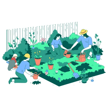 A teal community garden is filled with various patches where neighbors are actively planting flowers and vegetables together. Several people are kneeling on the earth, digging holes for plants while others are filling colorful pots with soil. A woman with a yellow sun hat is handing a small seedling to a man wearing a blue shirt. Nearby, children are excitedly watering newly planted flowers with orange watering cans. The garden is surrounded by a white wooden fence and there are several tools, such as shovels and rakes, resting against the fence.