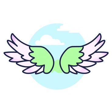 A pair of large wings with intricate feather details is spreading out wide. The wings are semi-transparent, with a delicate texture that gives them an ethereal quality. They are positioned against a clear sky, allowing the sun to illuminate the wings, creating a soft glow around their edges. Each feather reflects light in a subtle manner, enhancing the overall sense of grace and freedom in the image. The background features a vast expanse of blue, creating a sense of openness and tranquility.